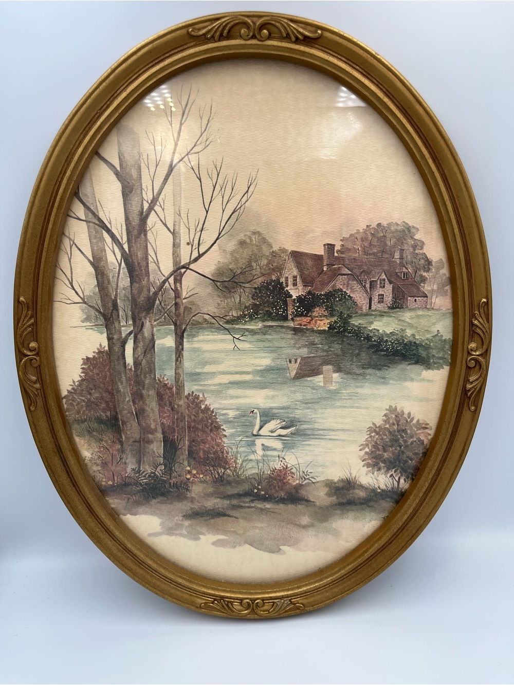 Vintage Homco Oval Watercolor Print by Frank Massa 13" X 17" Cottage Pond